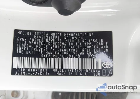 2014 Toyota Corolla Le из США, поврежденный, VIN 5YFBURHE1EP091519